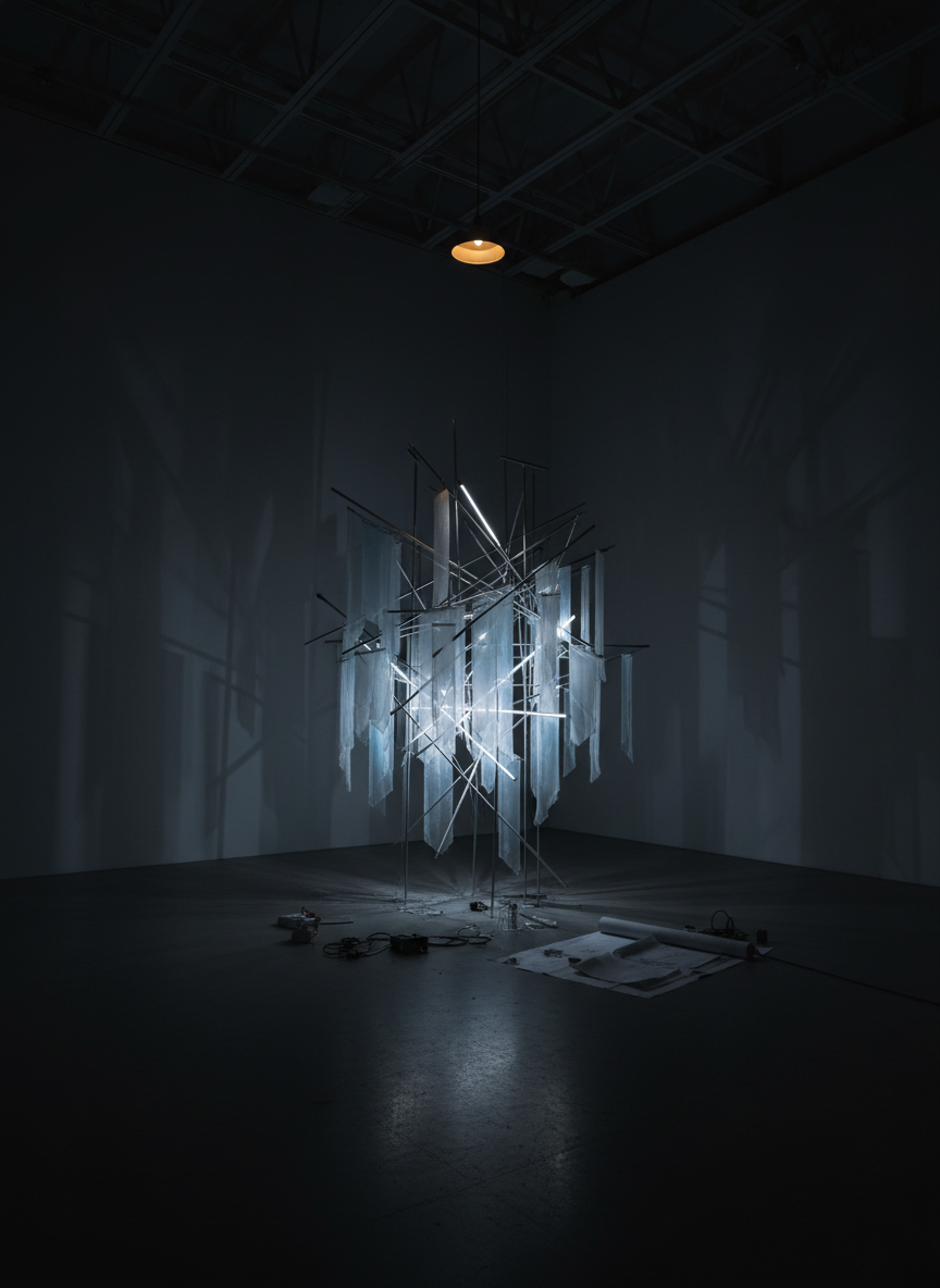 An atmospheric nighttime studio scene with a large, partially completed installation piece occupying the center: interwoven metal rods, suspended translucent fabrics, and slender light elements embedded within the structure. The installation casts complex, overlapping shadows on the surrounding white walls and matte concrete floor. Only the artwork’s built-in lights and a single, dim overhead fixture illuminate the space, creating a chiaroscuro effect. Photographic realism, shot from a wide, slightly elevated angle to capture the scale and spatial relationships. The mood is experimental and enigmatic yet polished, reflecting the sophisticated, boundary-pushing nature of multidisciplinary art practice.