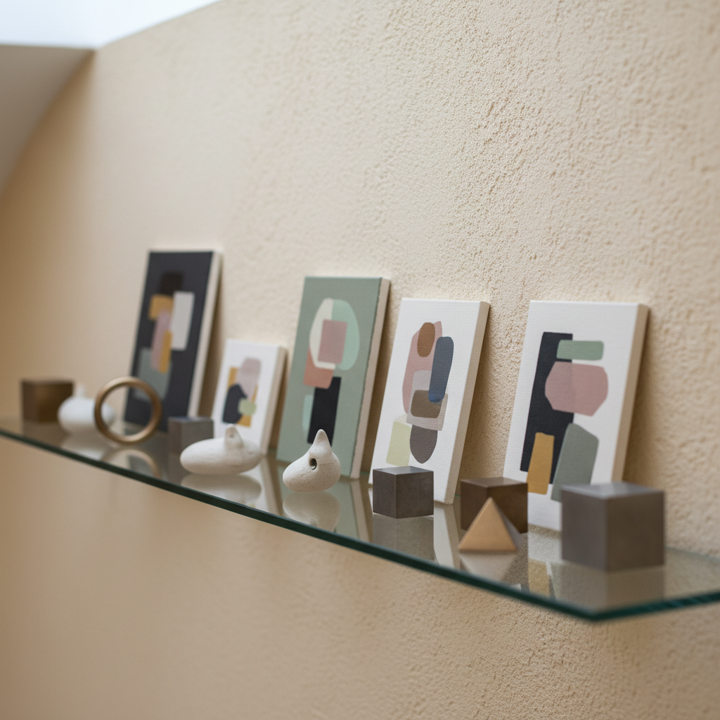 A refined display of small-format works arranged on a floating glass shelf: tiny abstract canvases with muted, sophisticated color palettes, delicate porcelain objects with matte finishes, and geometric metal miniatures in brushed steel and bronze. Behind the shelf, a textured plaster wall painted in warm ivory adds subtle depth. Soft, indirect daylight from an overhead skylight creates gentle gradients of light, casting translucent reflections onto the glass. Photographic realism with a slightly elevated angle and shallow depth of field, drawing focus to the central pieces while softly blurring the outer edges. The atmosphere is curated and serene, ideal for showcasing the nuanced range of a multidisciplinary artist’s portfolio.