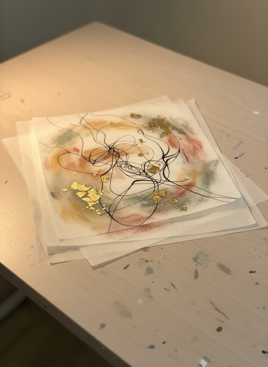A close-up, photographic realist view of a multidisciplinary artwork in progress: layered translucent papers, fine black ink lines, delicate gold leaf accents, and traces of pastel pigment blending into muted earth tones. The surface rests on a smooth, pale wooden table marked by faint paint stains, suggesting history and experimentation. Side lighting from a focused, warm-toned studio lamp skims across the materials, revealing subtle textures and catching the metallic shimmer of the gold leaf. The background falls into a soft blur, keeping attention on the intricate composition. The mood is intimate and intellectual, capturing the sophisticated process of an artist who seamlessly fuses drawing, painting, and collage.
