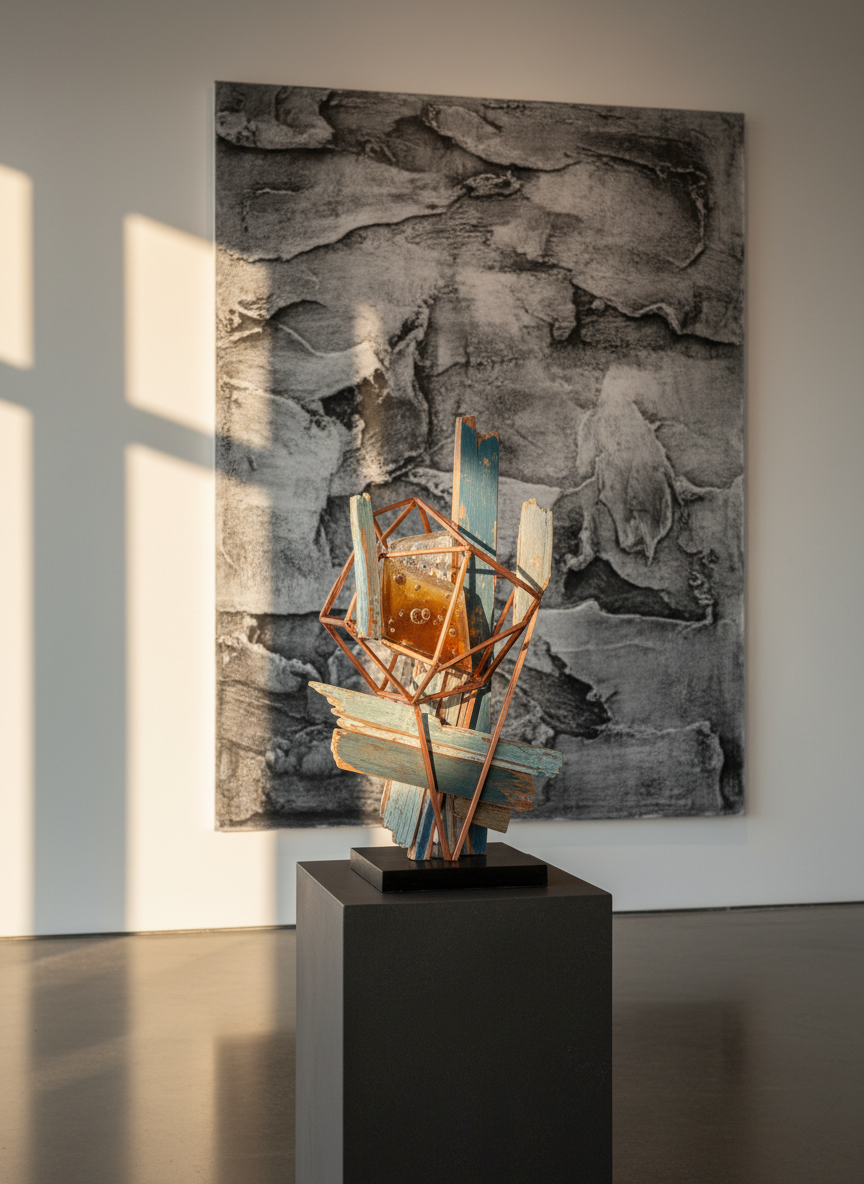 A serene corner of a contemporary gallery space featuring a single plinth displaying a small, abstract mixed-media sculpture combining translucent resin, brushed copper, and fragments of painted wood. Behind it, a large, subtly textured monochrome artwork hangs on a pristine off-white wall. The polished concrete floor reflects faint, softened shapes. Natural golden hour light enters from the left through tall unseen windows, creating a refined interplay of light and shadow on the sculpture’s surfaces. Photographic realism, shot from a slightly low angle to give the artwork presence, with a clean, minimal aesthetic. The mood is introspective and sophisticated, evoking a high-end exhibition of multidisciplinary art.