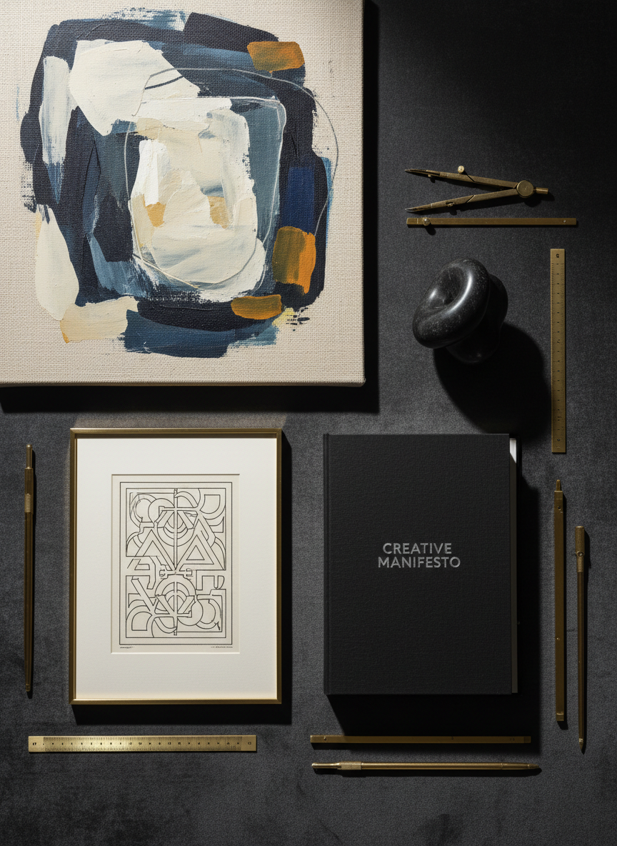 An elegant flatlay composition of multidisciplinary artworks arranged on a deep charcoal velvet surface: a minimalist abstract painting on thick canvas, an intricate line-art print, a small polished stone sculpture, and a refined handmade artist’s book with embossed silver lettering. Thin gold metal rulers and drafting tools frame the pieces with quiet precision. Overhead soft studio lighting creates velvety shadows and crisp highlights, emphasizing textures of paper, fabric, and stone. The atmosphere is poised and luxurious, with an emphasis on balance and negative space. Photographic realism with sharp focus throughout, carefully composed using the rule of thirds to present a sophisticated portfolio overview for an avant-garde multidisciplinary artist.
